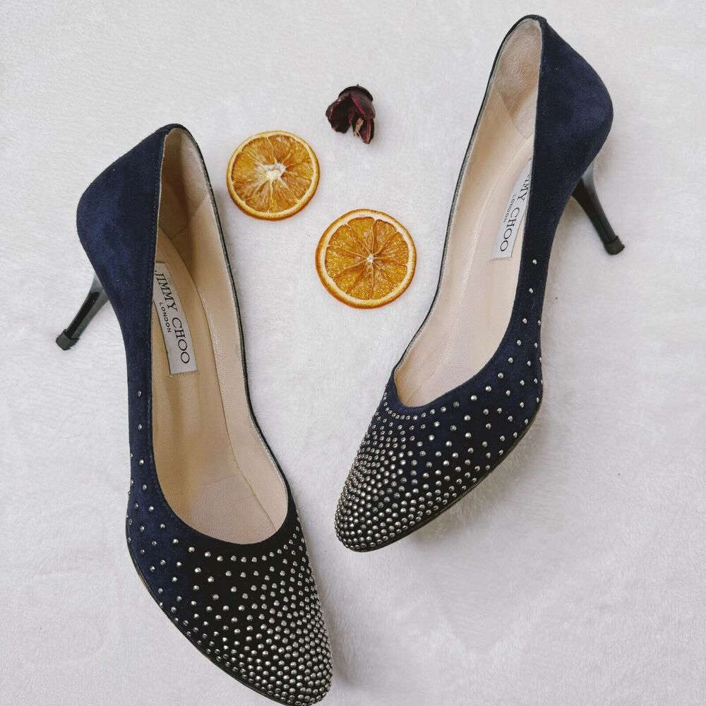 Jimmy Choo Shoes Navy Blue Suede Silver Stud High Heels Night Sky Size 7